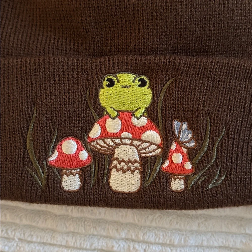 Brown Beanie with Frog and Mushroom Design - Picture 2 of 3